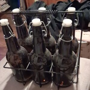 Set of 6 Brown Glass Bottles with Wire Caps